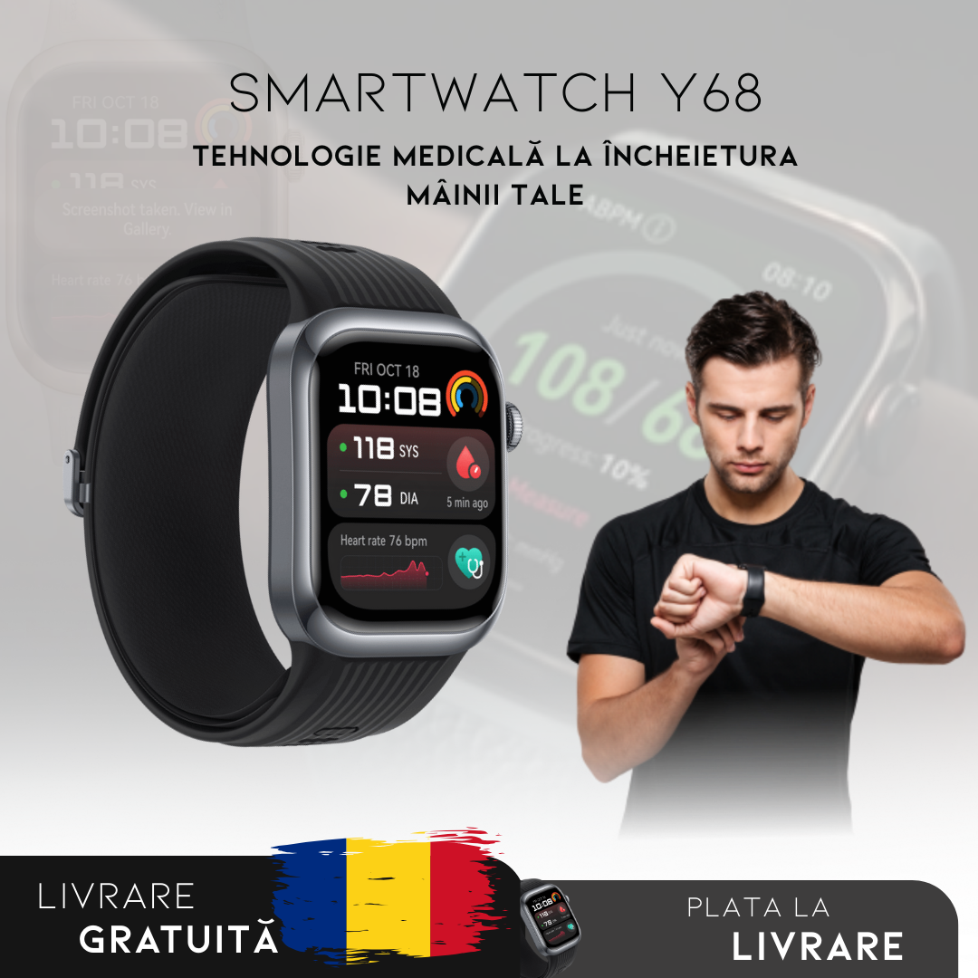 SmartWatch Y68 | Ceas Medical 3 în 1 (Glicemie, Tensiune, Risc de AVC) | Meniu în română