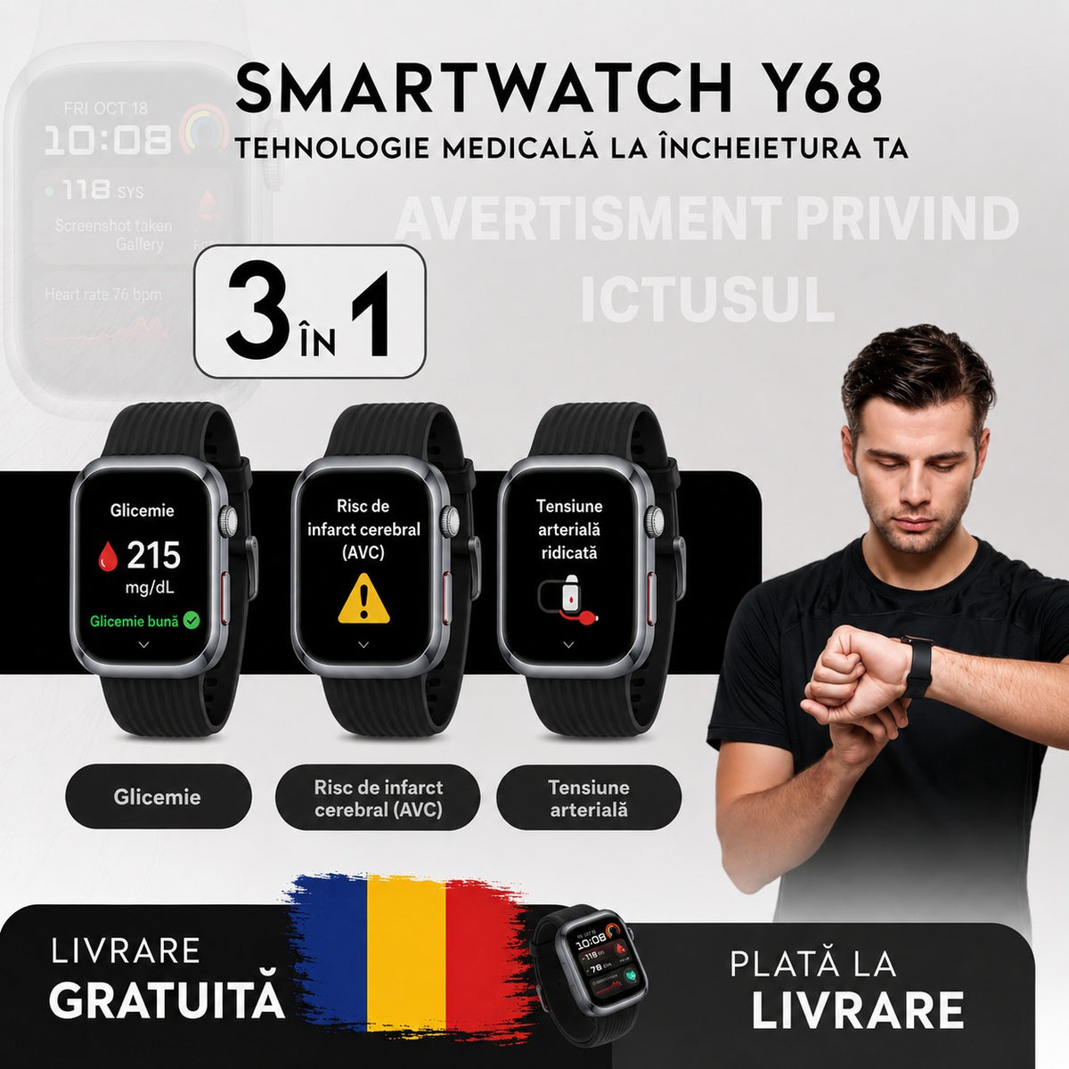 Smartwatch Y68 – Monitor Medical 3 în 1 (Glicemie, Tensiune, Risc AVC) | Meniu în română