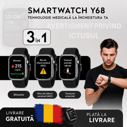 Smartwatch Y68 – Monitor Medical 3 în 1 (Glicemie, Tensiune, Risc AVC) | Meniu în română