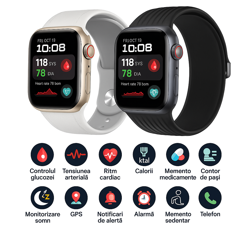SmartWatch Y68 | Ceas Medical 3 în 1 (Glicemie, Tensiune, Risc de AVC) | Meniu în română